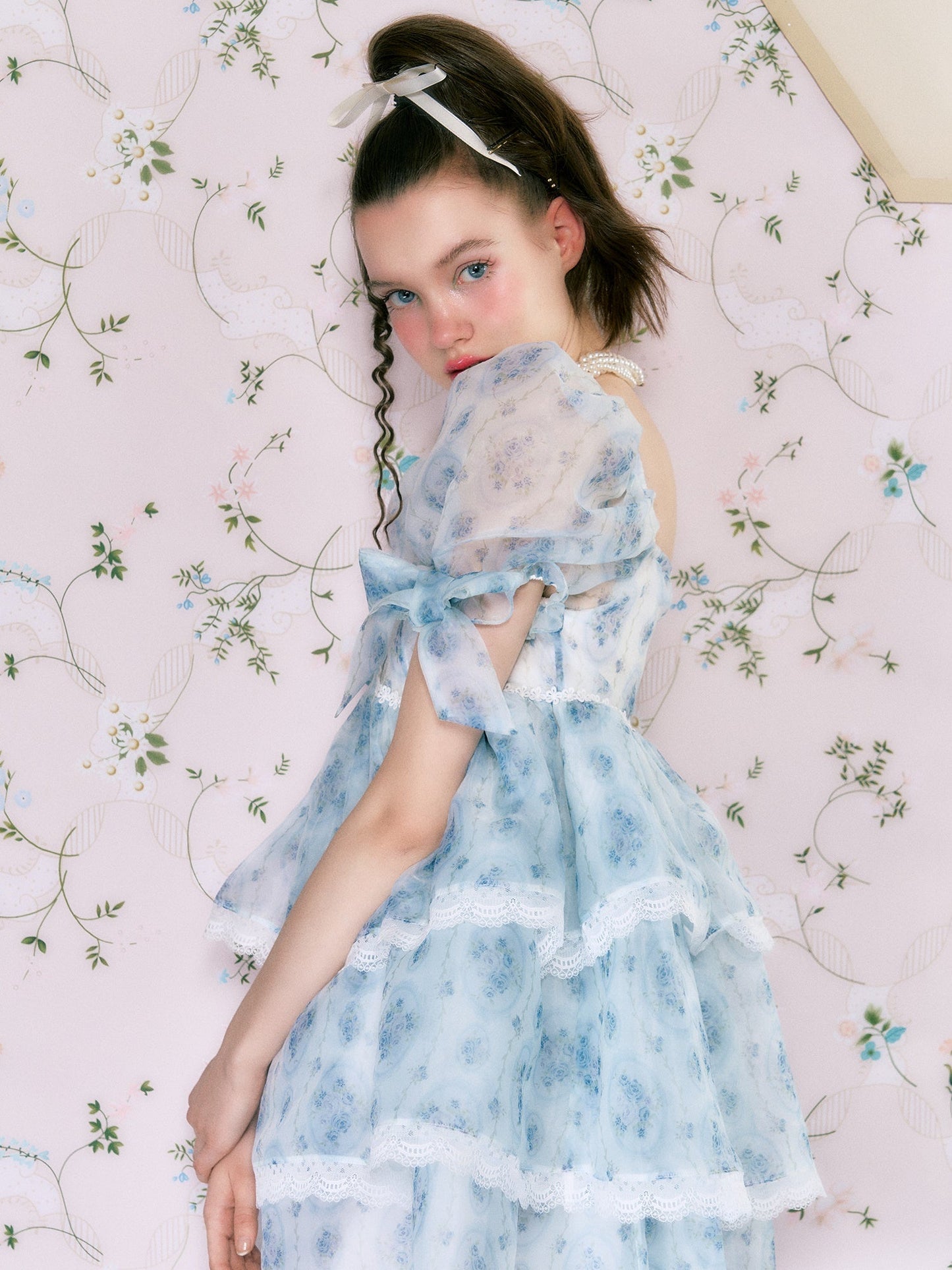 Organza Square Collar Puff Sleeve Cake Dress