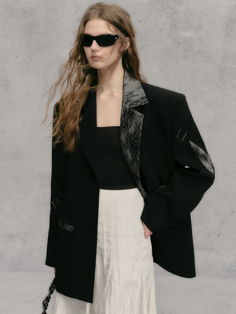 레이스 스티치 배색 루즈 재킷 