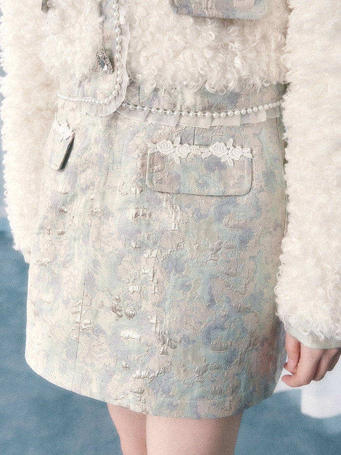 램울 리본 쇼트 코트 &amp; 자카드 스커트