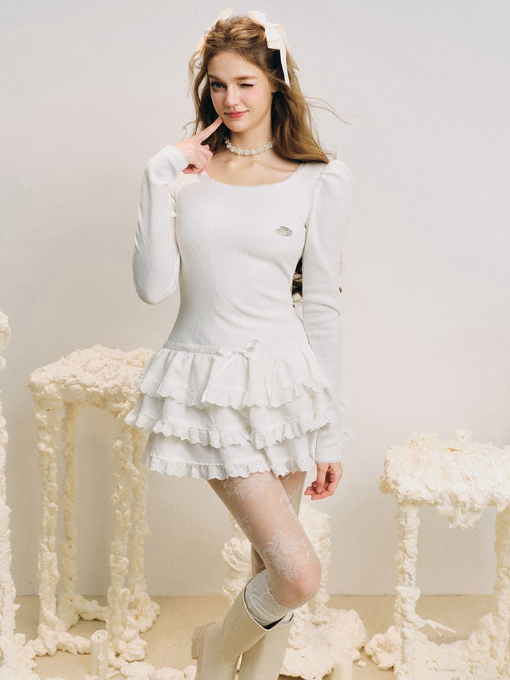 U-neck Puff Sleeve Switching Design Puffy Cake Dress