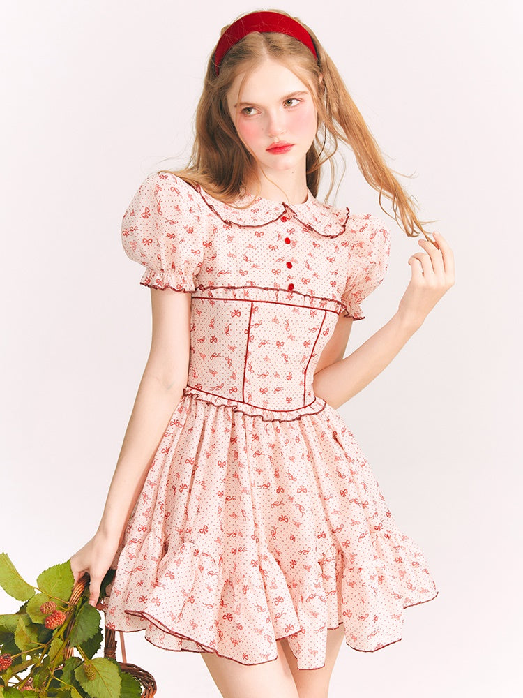 Ribbon Printed Doll Collar Dress