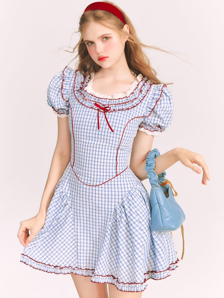 Puff Sleeves Sweet Plaid Princess Dress