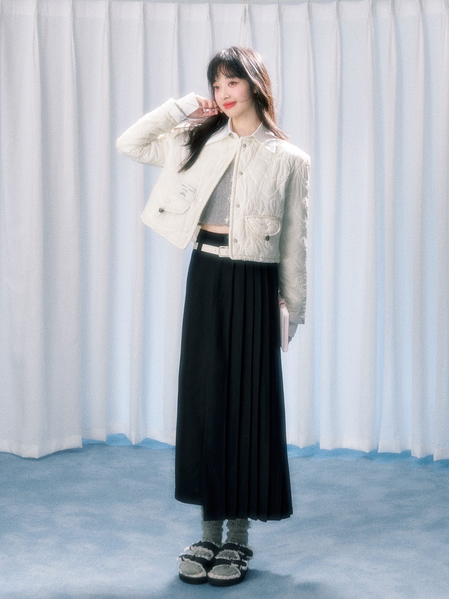 롱 비대칭 플리츠 스커트 