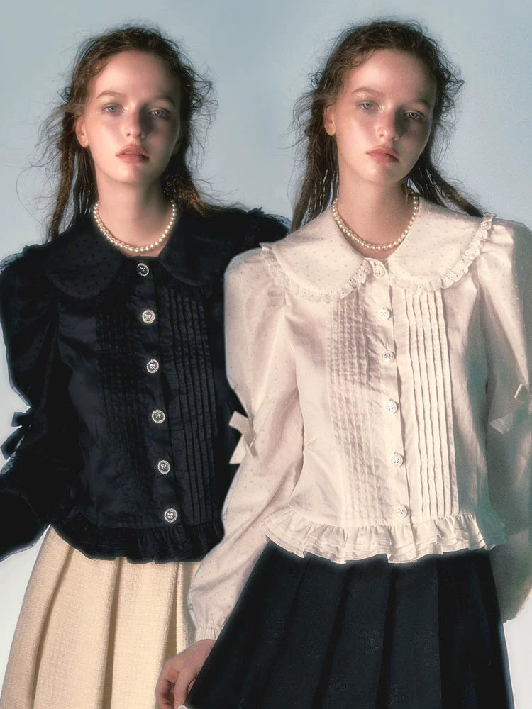 메쉬 패치워크 인형 칼라 퍼프 슬리브 셔츠 