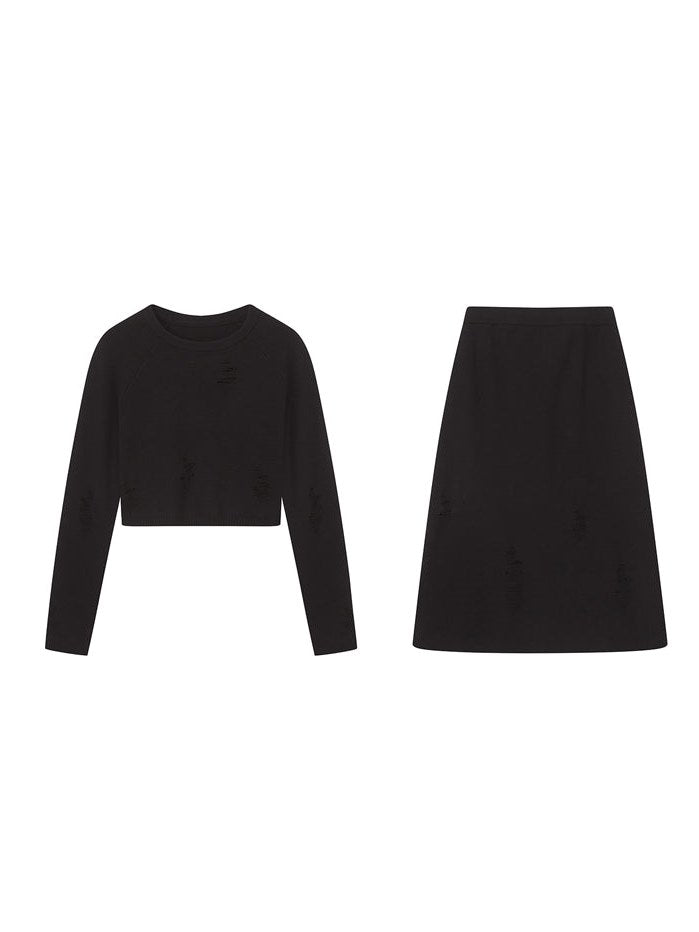 Short Hole Knit Sweater & Skirt