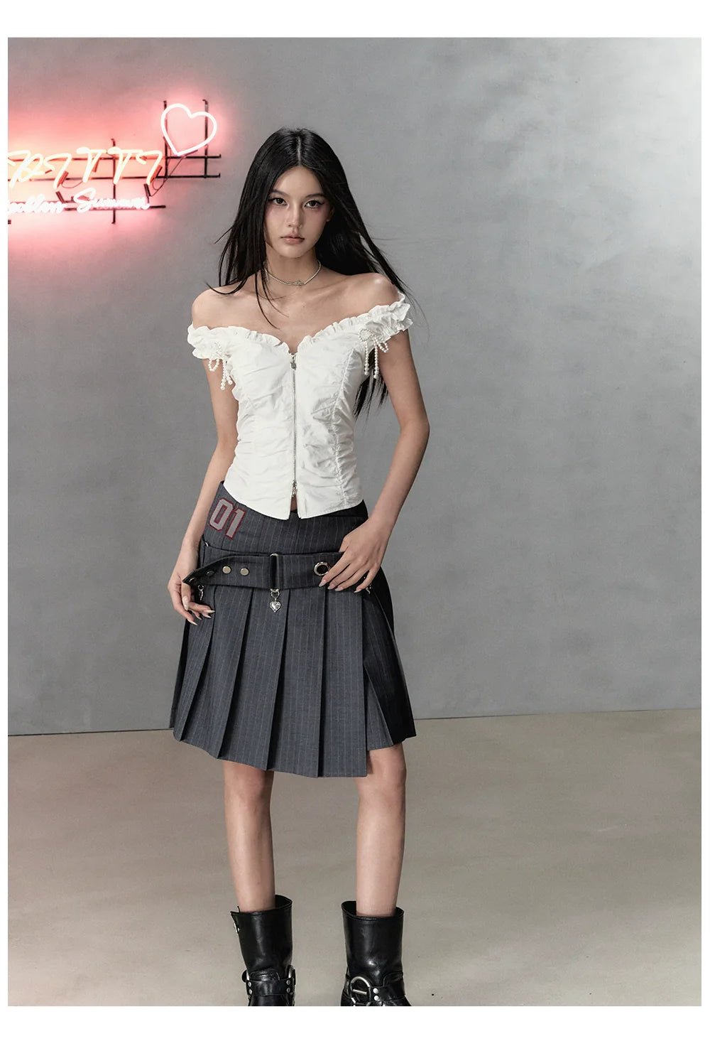 Oak Ash & White Asymmetrical Waist Pleated Skirt