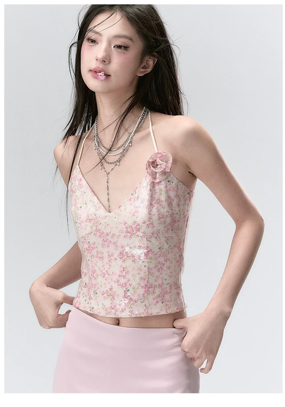 Pink Sparkling Sequined Stylish Spaghetti Strap Tank Top