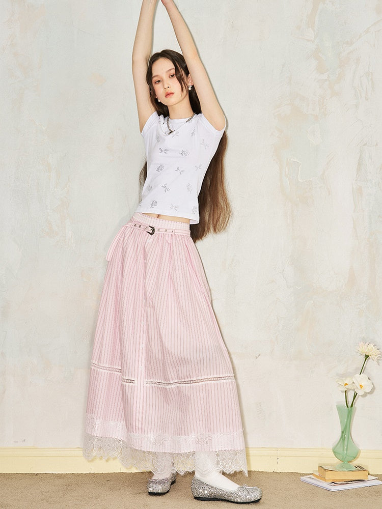 Striped Lace Hollow Long Gather Skirt