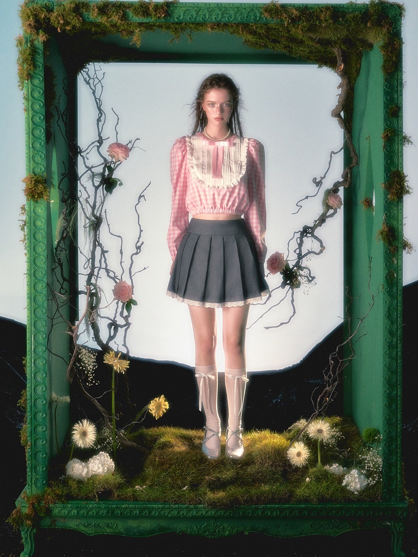 레이스 장식 플리츠 스커트 