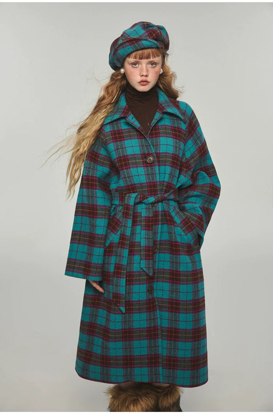 Plaid Classic  Belted Waist Woolen Overcoat