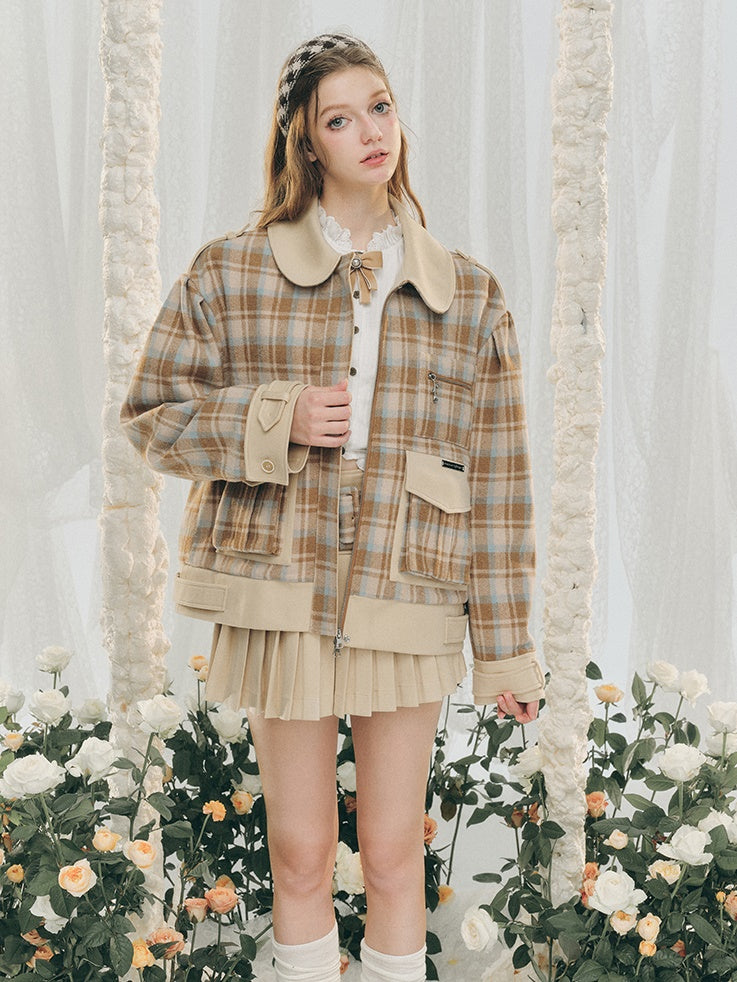 Plaid Round Collar Short Jacket ＆ Mini Pleated Skirt