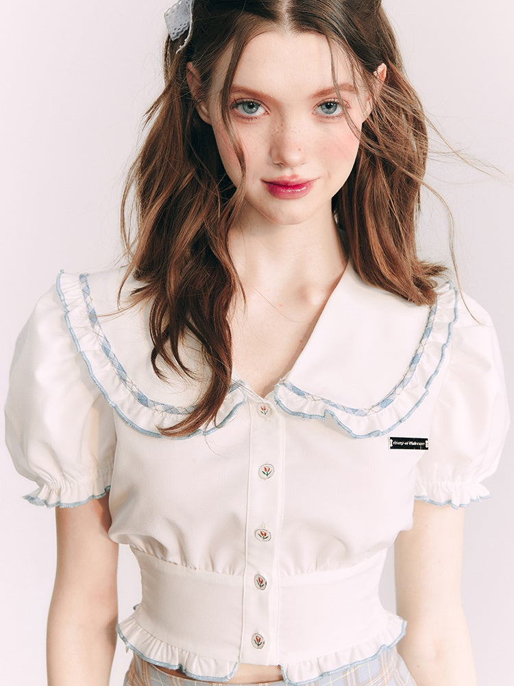 Short Puff Sleeves Doll Collar Shirt