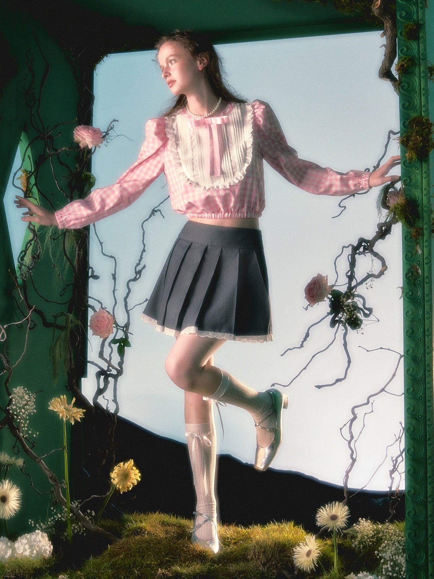 레이스 장식 플리츠 스커트 