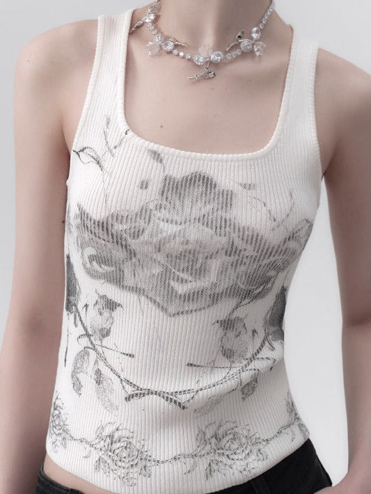 Rose Print Knitted Tank Top