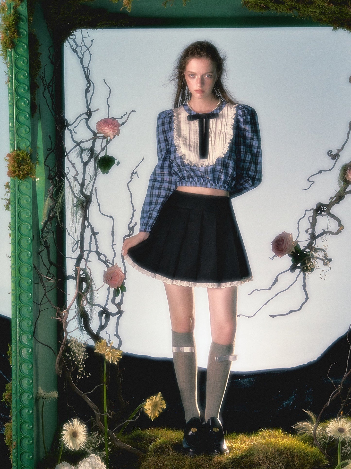 레이스 장식 플리츠 스커트 