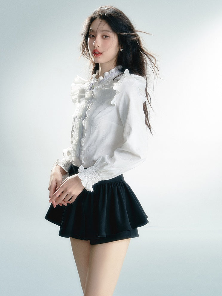 긴팔 레트로 레이스 프릴 셔츠 