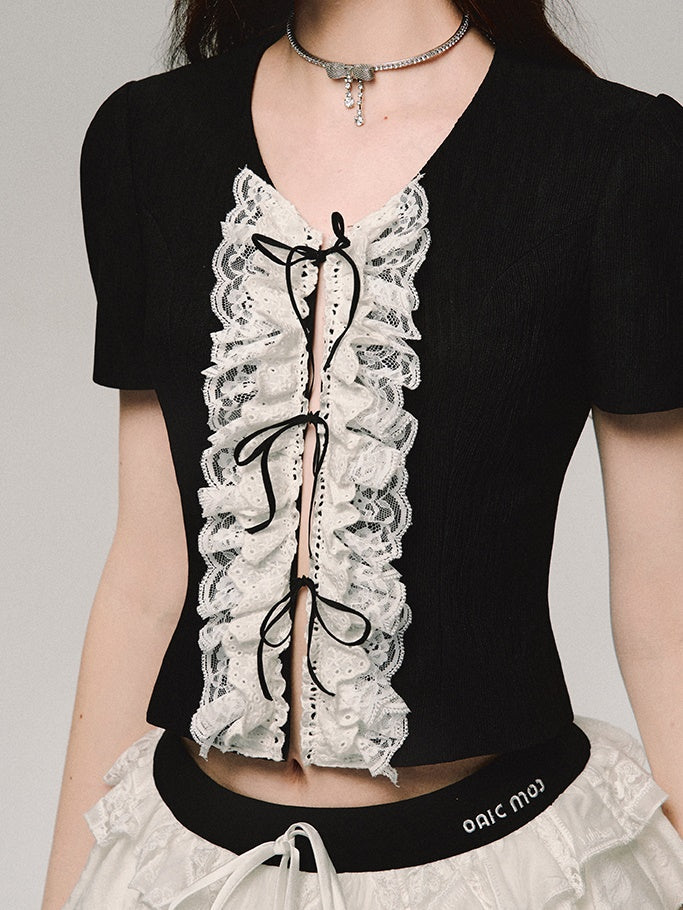 레이스 자수 플래킷 반소매 티셔츠 