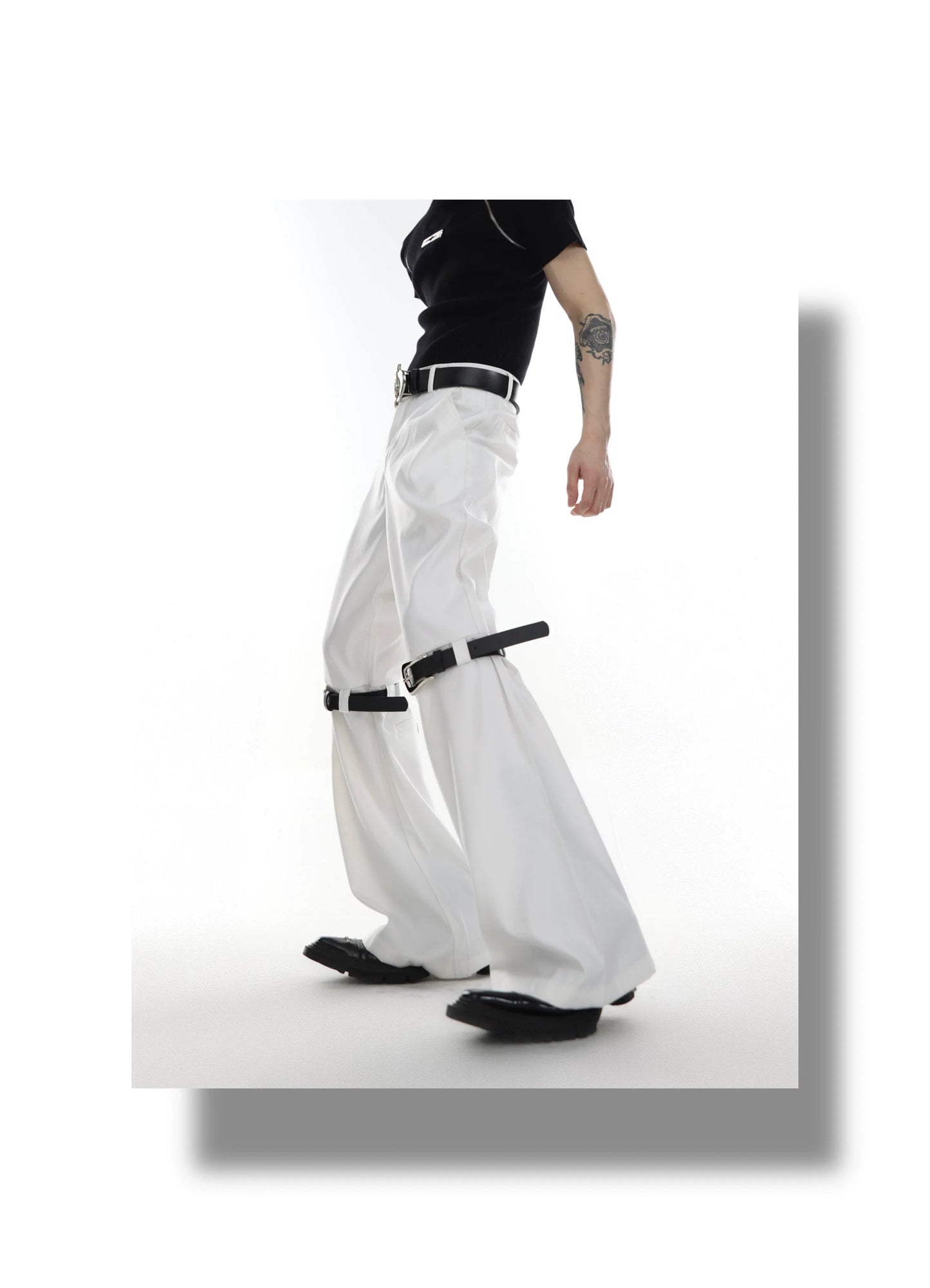 Versatile Flared Pants with Spilced Blet and Metal Button Detail