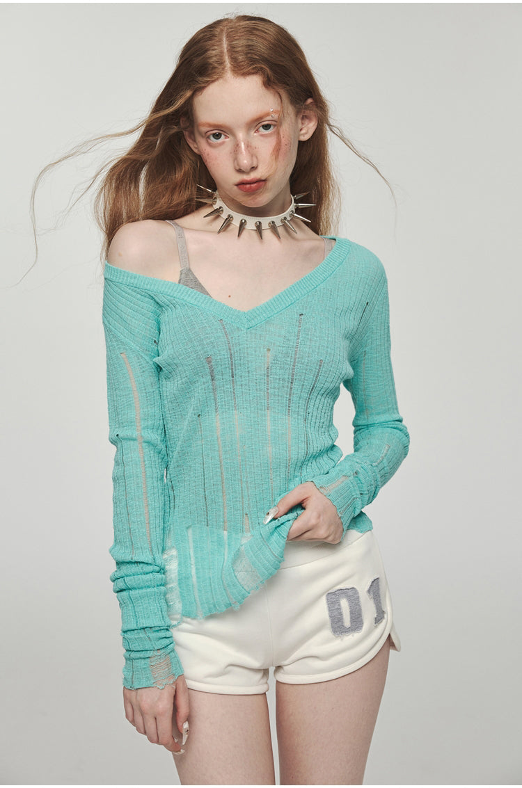 Hollow Out Waist-Cinched Knitted Blouse