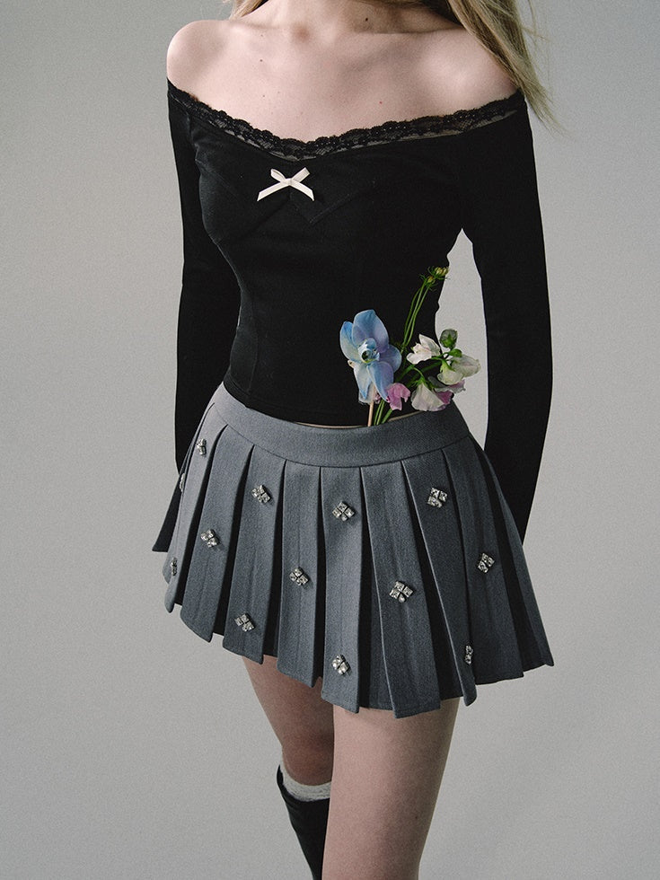 Rhinestone College Pleated Skirt