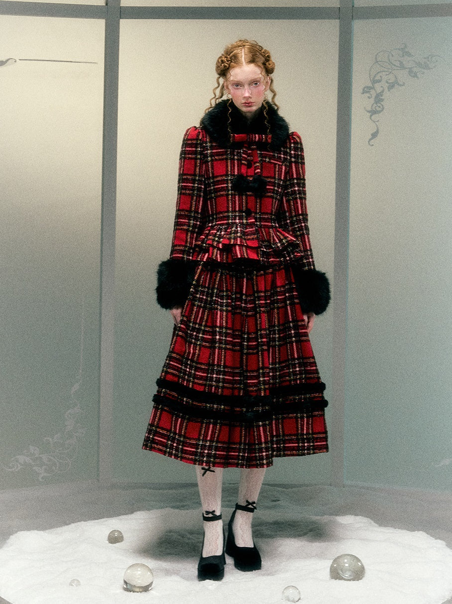 Plaid Detachable Fur Collar Fur Ball Short Coat & Mid-Length Skirt