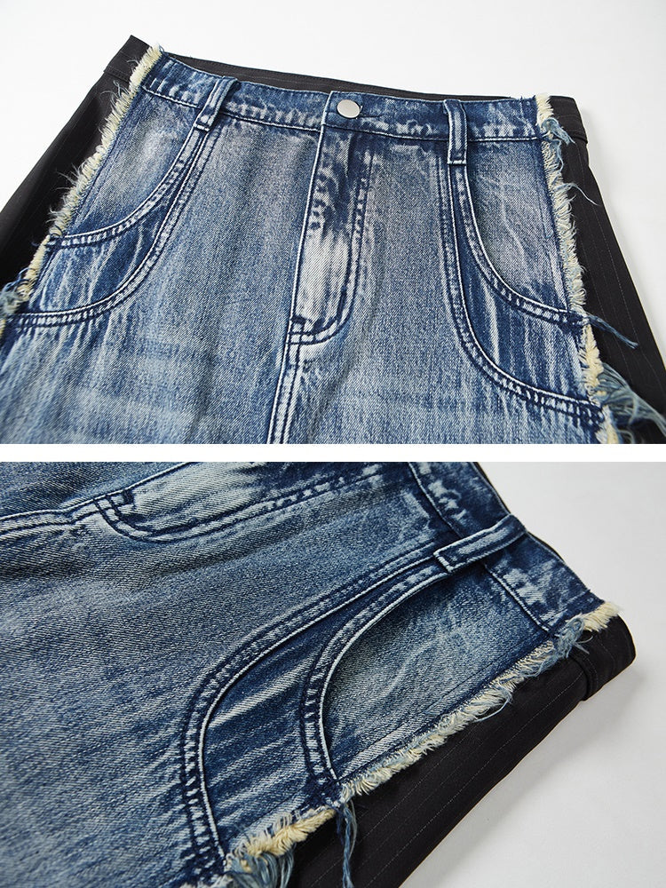 Retro Distressed Washed Raw Edge Denim Patchwork Skirt