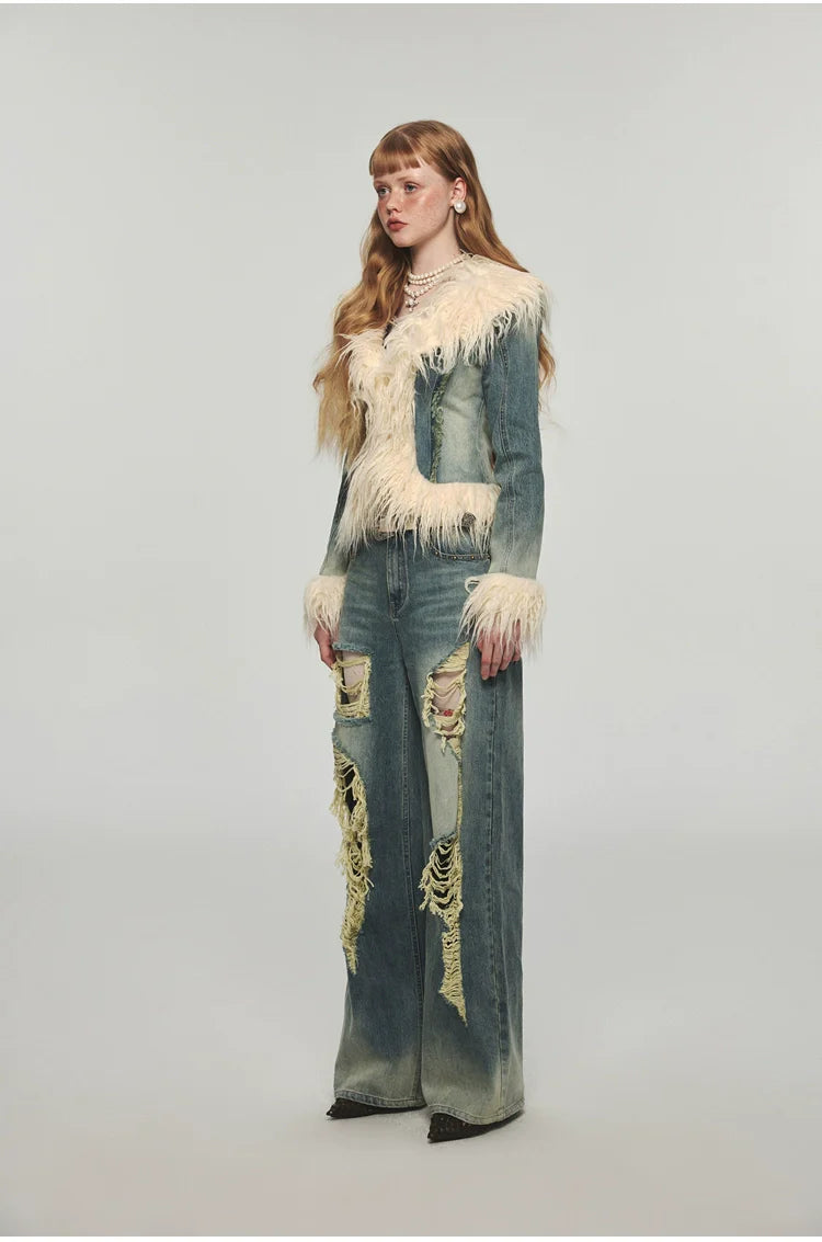 Denim Distressed Wide-Leg Pants