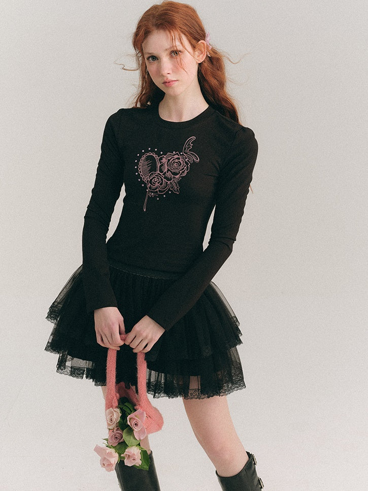 Rhinestone Painted Rose Long Sleeve & Short Sleeve T-Shirt