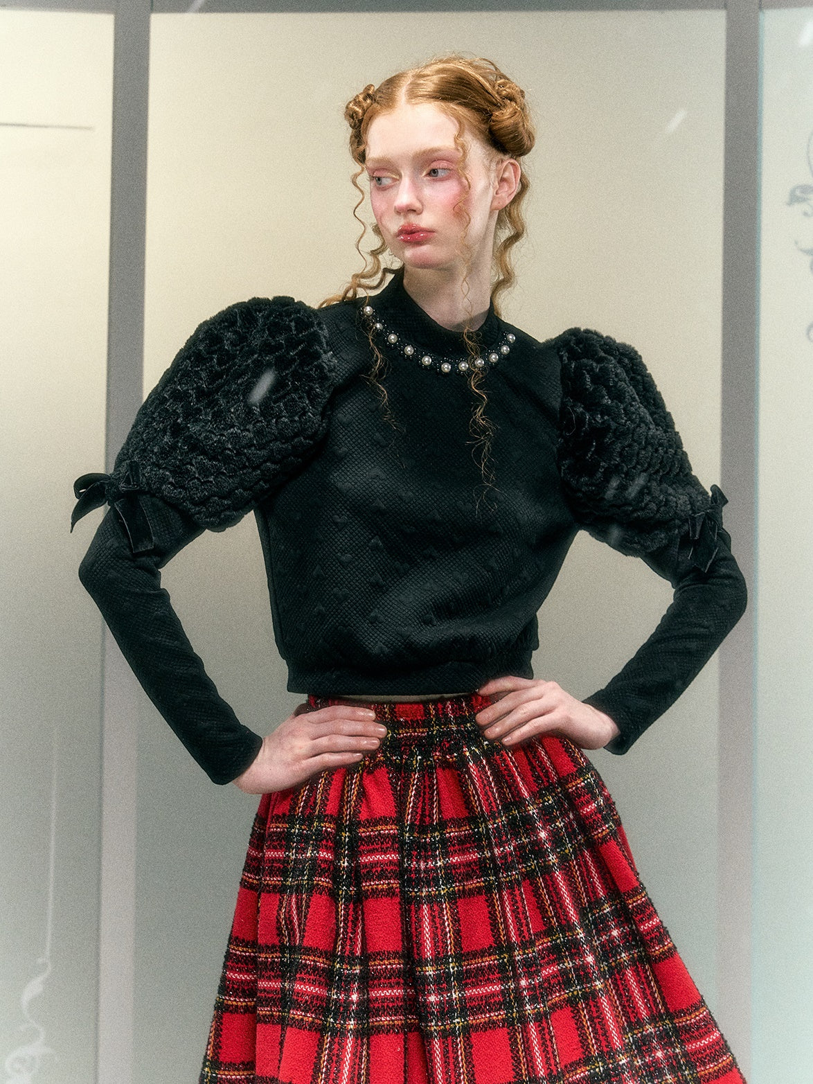 사랑 모피 소매 활 진주 장식 짧은 탑 