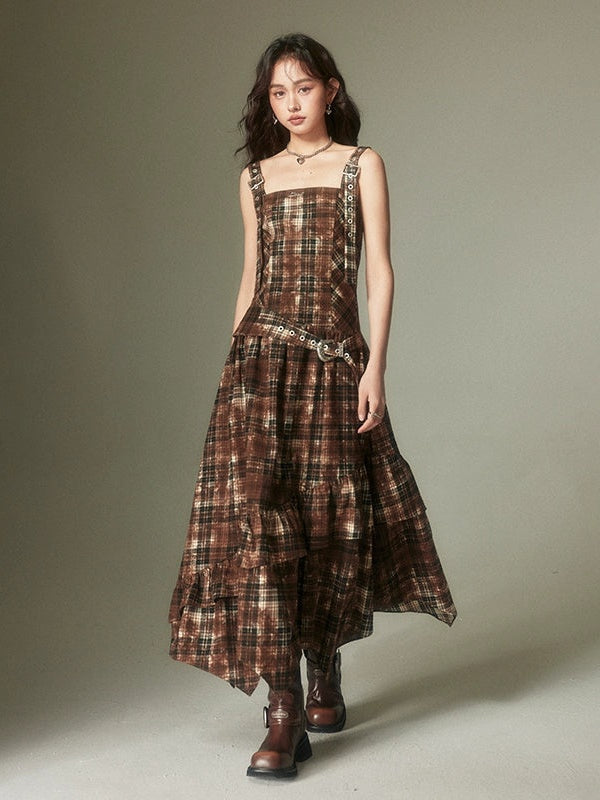 Retro Adjustable Plaid Strap Dress