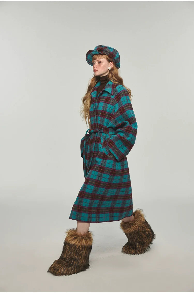 Plaid Classic  Belted Waist Woolen Overcoat