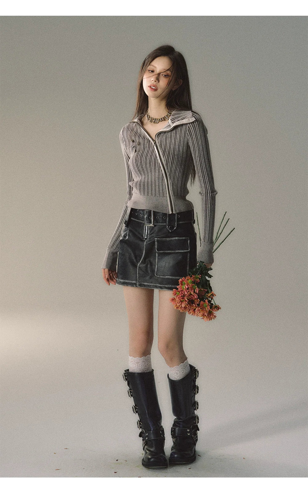 Mocha & Red Zipper Striped Turtleneck