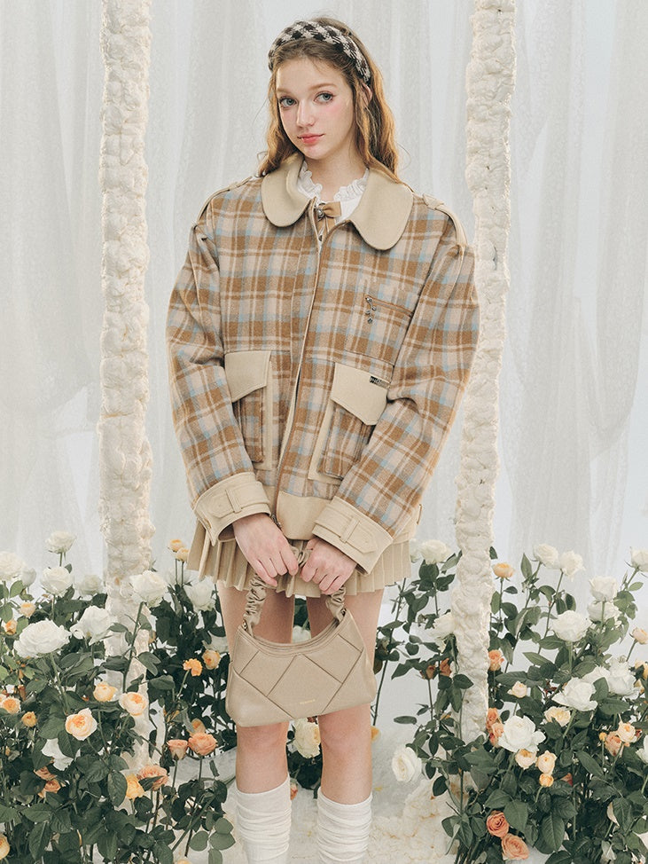 Plaid Round Collar Short Jacket ＆ Mini Pleated Skirt