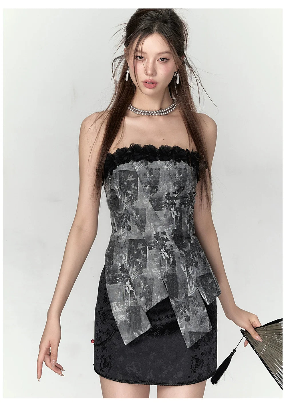 Black Petal Off-Shoulder Patchwork Top