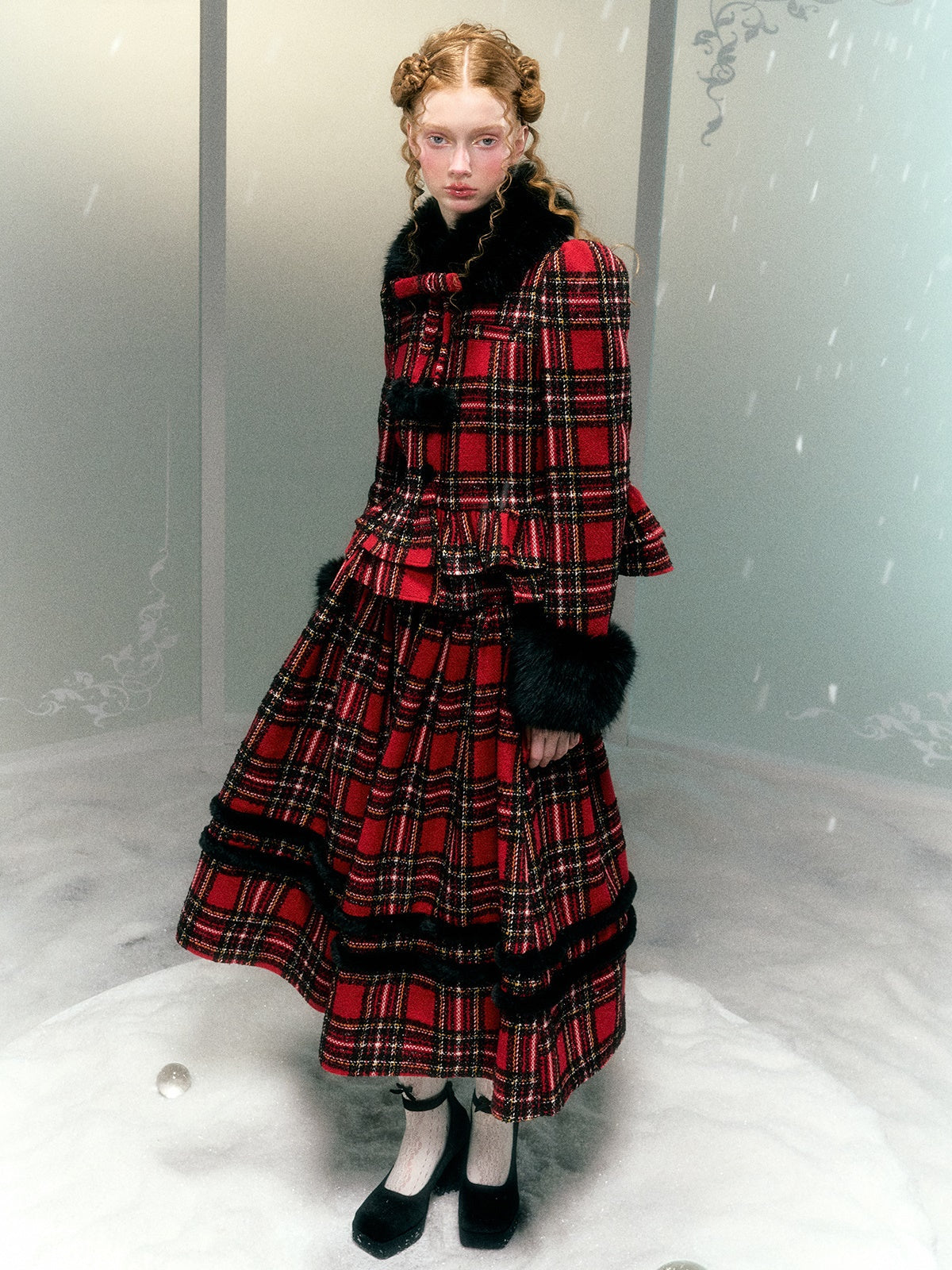 Plaid Detachable Fur Collar Fur Ball Short Coat & Mid-Length Skirt