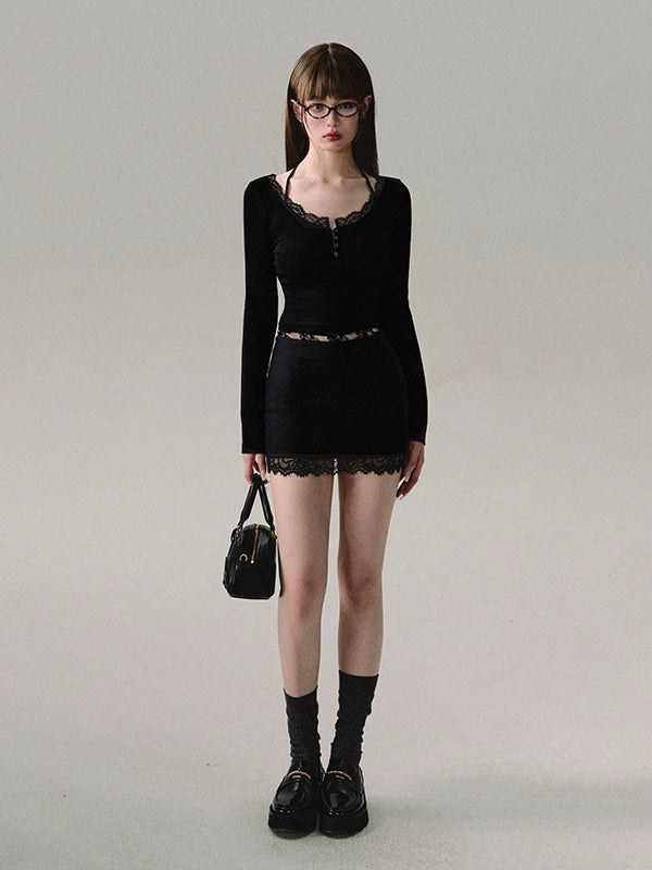 로우 웨이스트 레이스 스플라이싱 스트레이트 스커트 