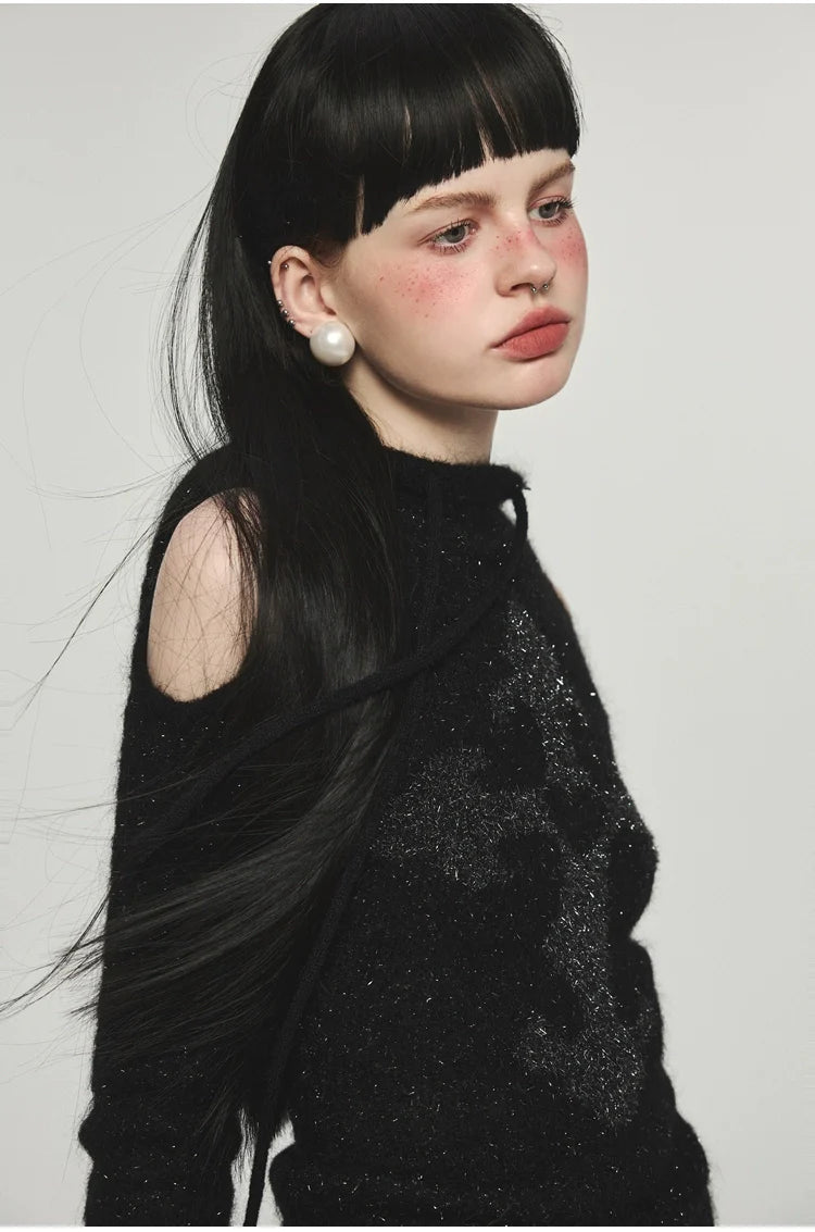 Mohair Off-Shoulder Knit Hoodie