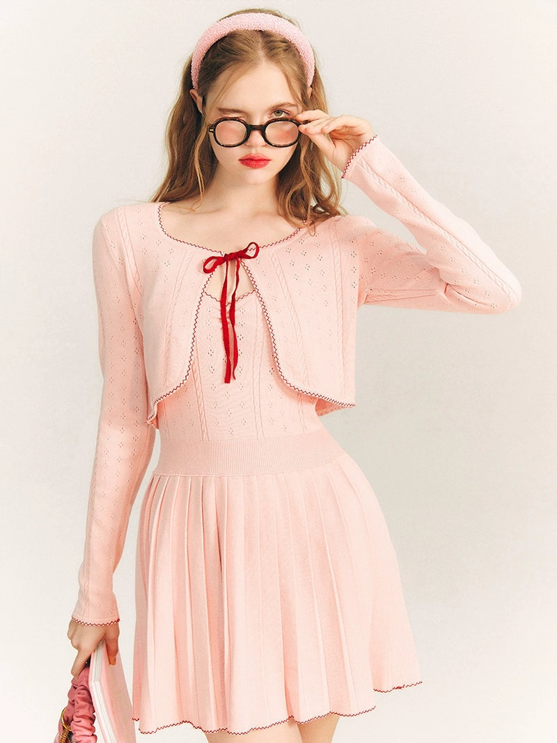 V-neck Suspender Skirt ＆ Knitted Cardigan Set-up