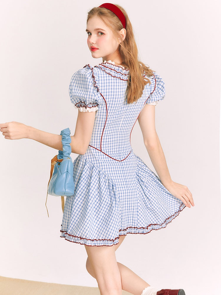 Puff Sleeves Sweet Plaid Princess Dress