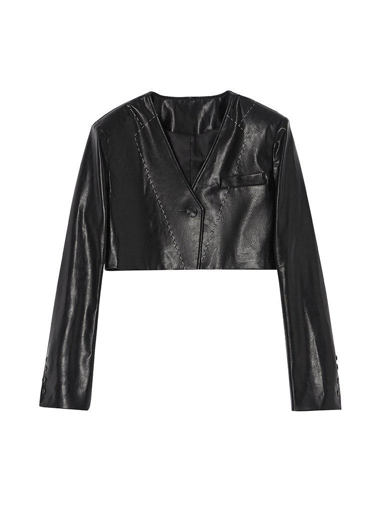 V-neck Short Leather Jacket