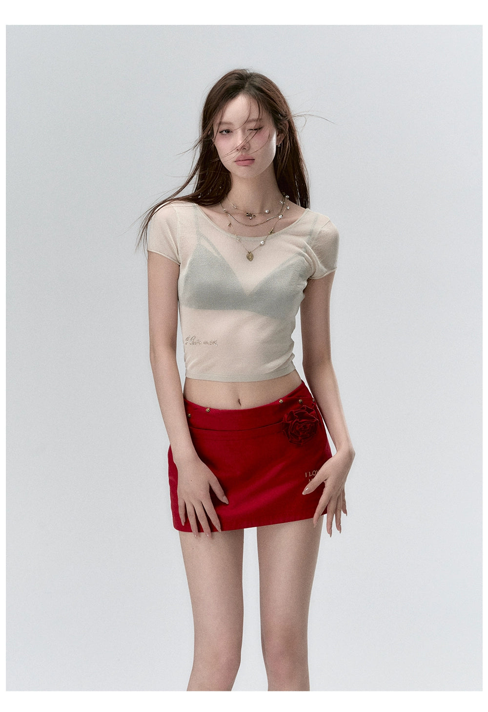 "I LOVE ME" Embroidered Rose Belt A-Line Mini Skirt