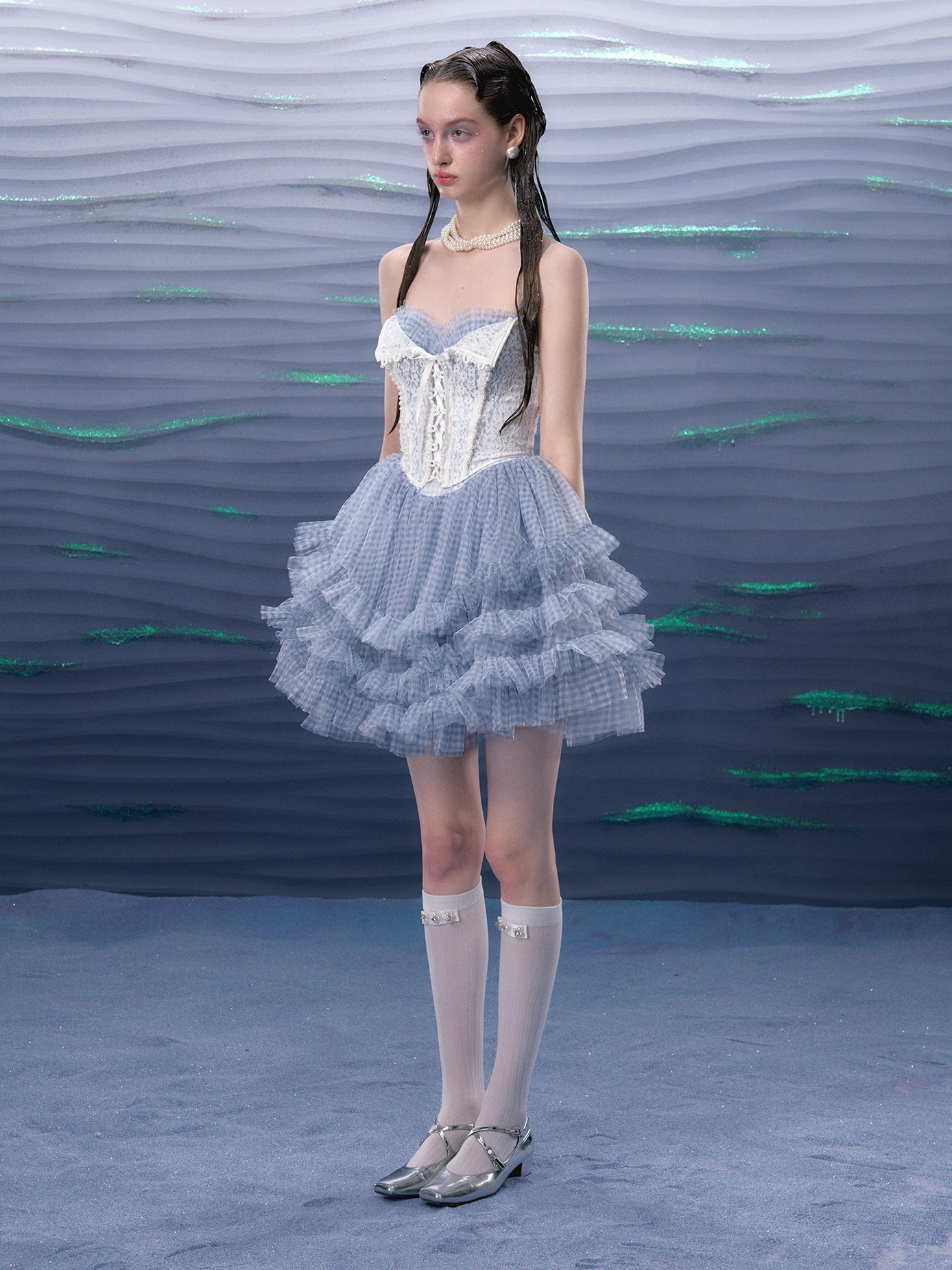 Plaid Mesh Tutu Suspender Dress ＆ Lace Pearl Corset