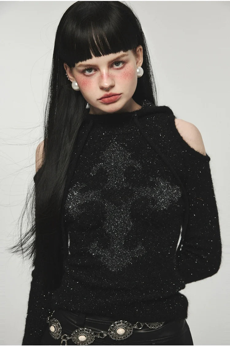 Mohair Off-Shoulder Knit Hoodie