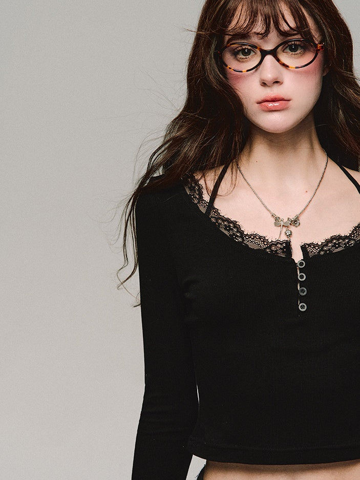 레이스 스티치 니트 바텀 셔츠 