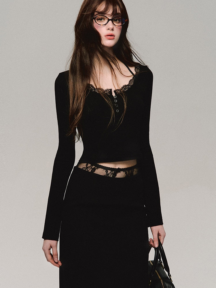 레이스 스티치 니트 바텀 셔츠 