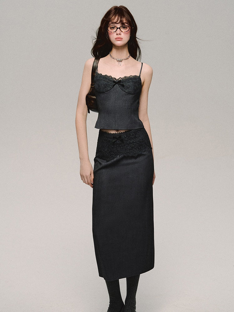 Slim Fit Lace Stitch Camisole ＆ Spliced Skirt