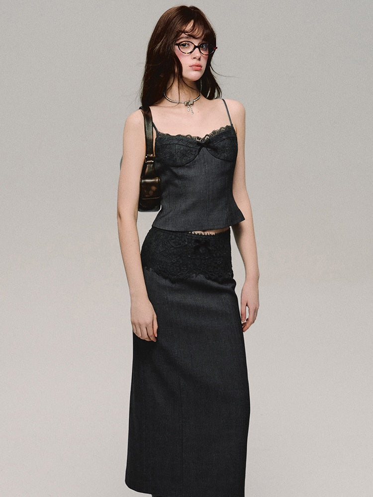 Slim Fit Lace Stitch Camisole ＆ Spliced Skirt