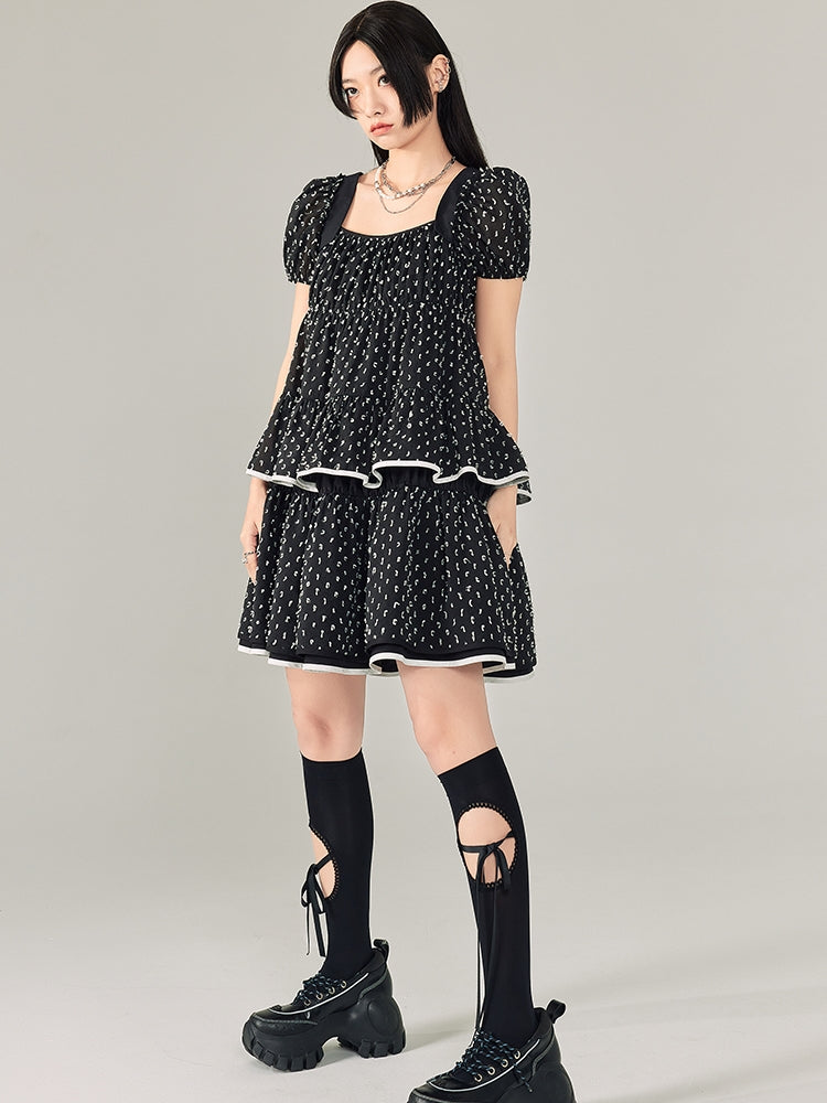 Puff Sleeves Polka Dot Short Dress