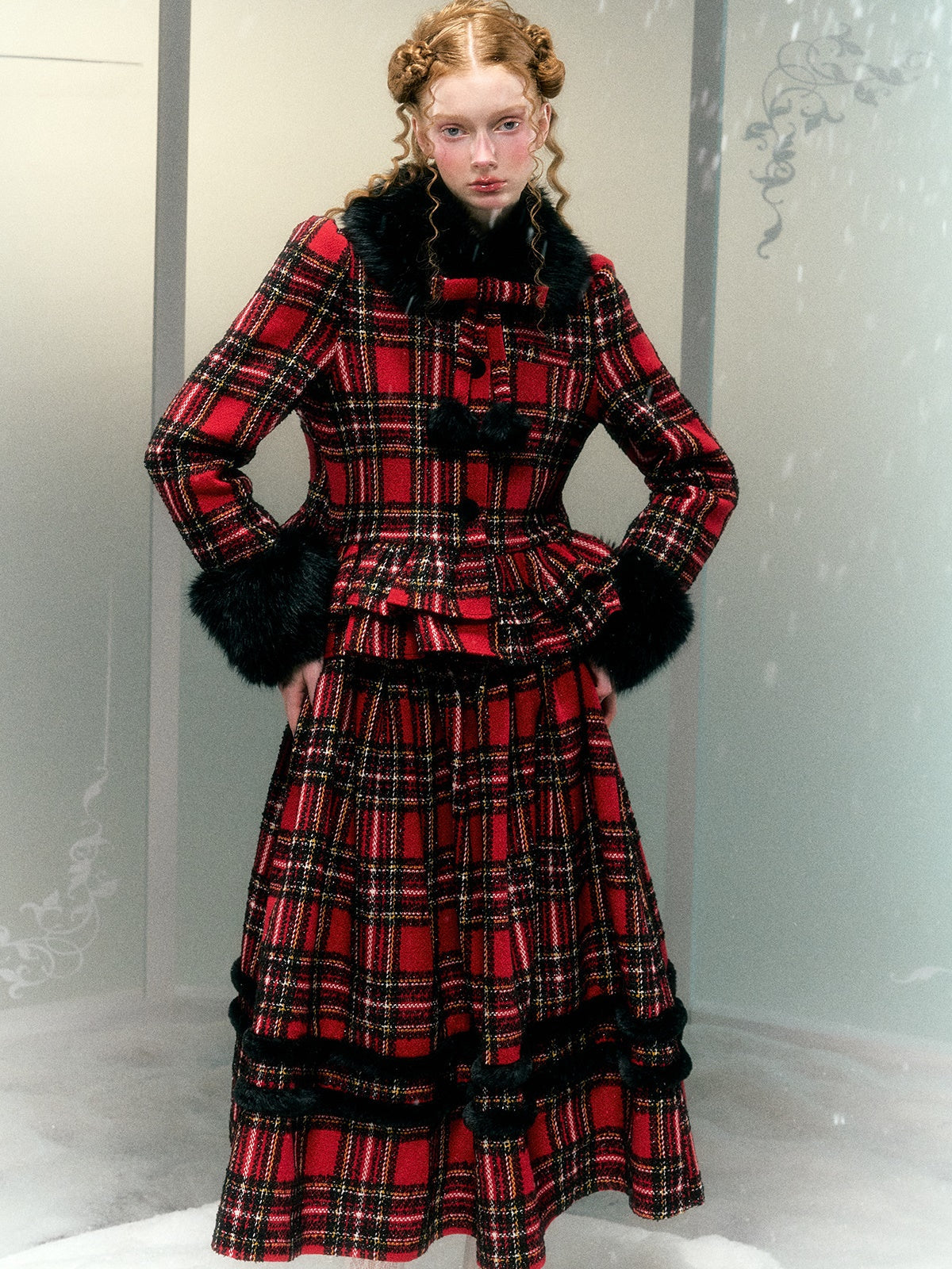 Plaid Detachable Fur Collar Fur Ball Short Coat & Mid-Length Skirt