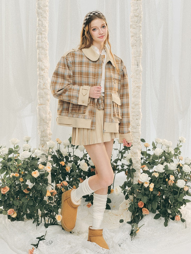 Plaid Round Collar Short Jacket ＆ Mini Pleated Skirt